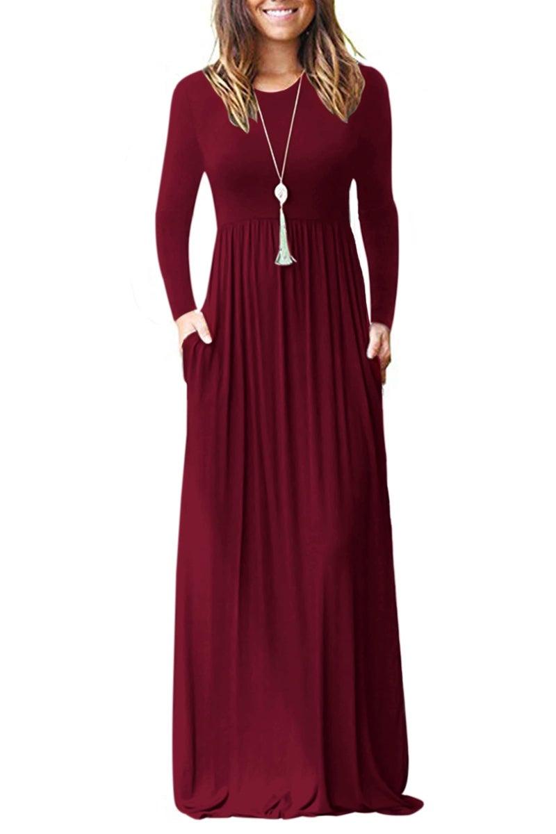AUSELILY Women's Long Sleeve Dress Loose Plain Long Casual Maxi Dresses with Pockets 2026 New Wine Red M - Image 1